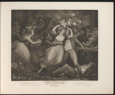Ustyrlig hushjelp har det gøy på en pub Plate 7. The Wanton koser seg med følgesvennene sine (tittel på objekt) Dyd og utskeielser (serietittel) Diligence & Dissipation (serietittel på objekt) av Thomas Hellyer