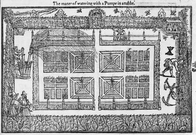 Måten å vanne med en pumpe i et rør, fra The Gardeners Labyrinth, 1577 av Thomas Hill