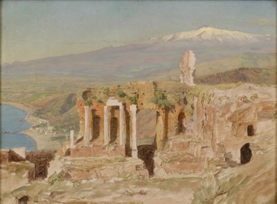 Utsikt over ruinene av det greske teatret ved Taormina og Etna på Sicilia av Thomas Hiram Hotchkiss