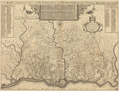 Et kart over dere forbedrede delen av Pennsylvania i Amerika, delt inn i fylker, townships og lotter av Thomas Holme