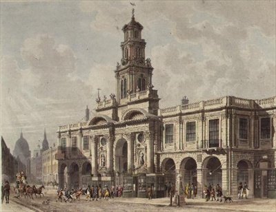 A View of The Royal Exchange, Cornhill, gravert av Daniel Havell (1785-1826), pub. 1816 av Ackermanns 