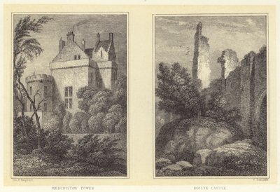 Merchiston Tower; Roslyn Castle (gravering) av Thomas Hosmer (after) Shepherd