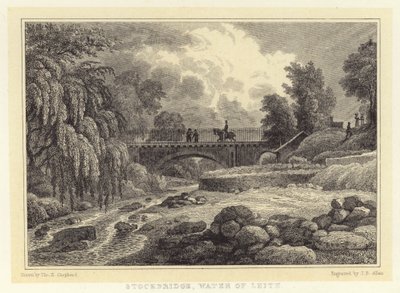 Stockbridge, Water of Leith (gravering) av Thomas Hosmer (after) Shepherd