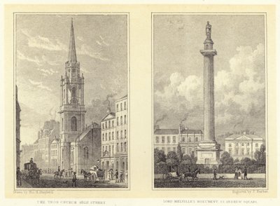 Tron kirke, High Street; Lord Melvilles monument, St Andrew Square (gravering) av Thomas Hosmer (after) Shepherd
