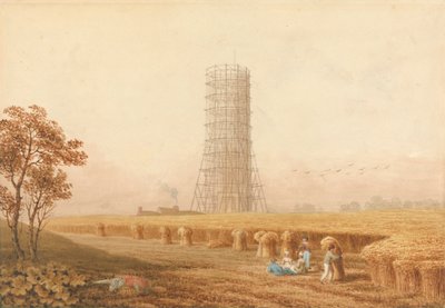 Bonapartes søyle i stillas i Boulogne, Frankrike, med innhøstingsmaskiner på et felt av Thomas Hosmer Shepherd