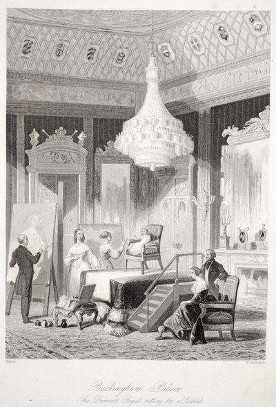Buckingham Palace - The Princess Royal sitter for et portrett, fra London Interiors med Costumes and Ceremonies-puben. Joseph Mead, London, stålgravering ca. 1843 av Thomas Hosmer Shepherd