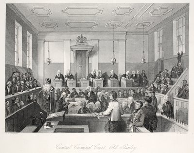 Central Criminal Court på Old Bailey, fra puben 'London Interiors with their Costumes and Ceremonies'. Joseph Mead, London, ca. 1843 (stålgravering) av Thomas Hosmer Shepherd
