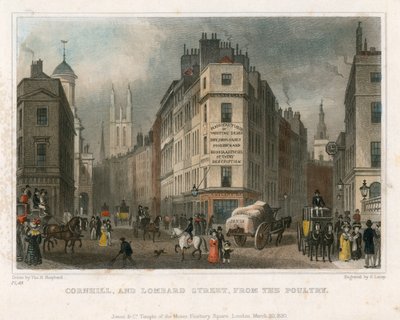 Cornhill og Lombard Street, London, fra Poultry av Thomas Hosmer Shepherd