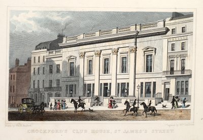 Crockfords klubbhus, St. James Street. Pub. 1828 (håndfarget gravering) av Thomas Hosmer Shepherd