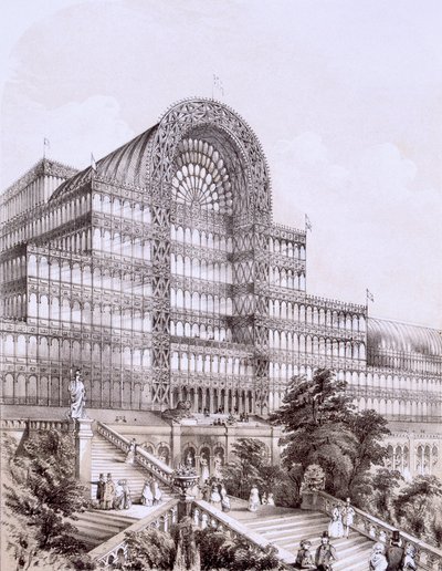 Crystal Palace ved Sydenham, fronten av Great Transept, c1854. av Thomas Hosmer Shepherd