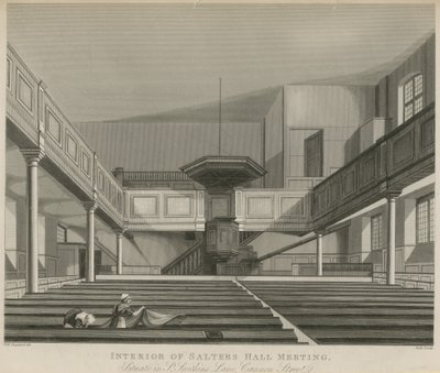 Interiør av Salters Hall Meeting, som ligger i St Swithins Lane, Cannon Street, London av Thomas Hosmer Shepherd