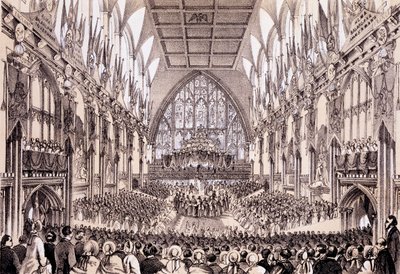 Interior of the Guildhall - Lord Mayor and Corporation presenterer sin adresse til Emperor und Empress of the French, 19. april 1855 av Thomas Hosmer Shepherd