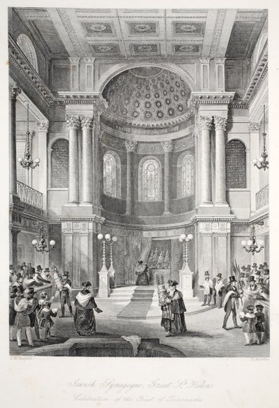 Jewish Synagogue, Great St Helens, fra puben 'London Interiors with their Costumes and Ceremonies'. Joseph Mead, London, ca. 1843 (stålgravering) av Thomas Hosmer Shepherd