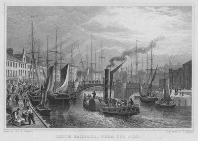 Leith Harbour, fra bryggen (gravering) av Thomas Hosmer Shepherd