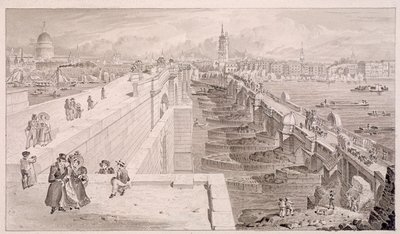 London Bridge gammel og ny, London, 1831 av Thomas Hosmer Shepherd