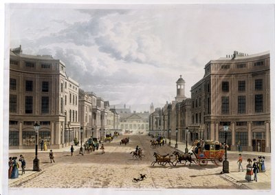 Regent Street, fra Piccadilly, gravert av J. Bluck (fl.1791-1831), pub. 1822 av Ackermanns 
