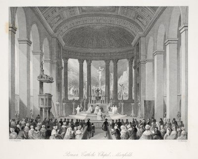 Romersk-katolske kapell, Moorfields, fra puben 'London Interiors with their Costumes and Ceremonies'. Joseph Mead, London, ca. 1843 (stålgravering) av Thomas Hosmer Shepherd