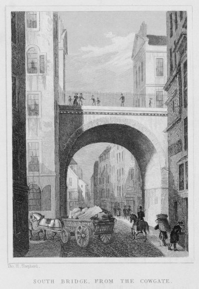 South Bridge fra Cowgate, Edinburgh gravert av William Watkins, 1831 av Thomas Hosmer Shepherd
