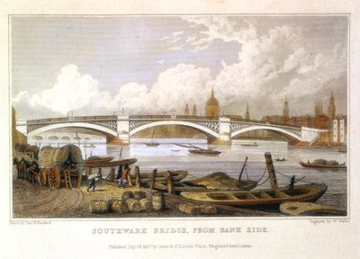 Southwark Bridge fra Bank Side, London, 1817 av Thomas Hosmer Shepherd
