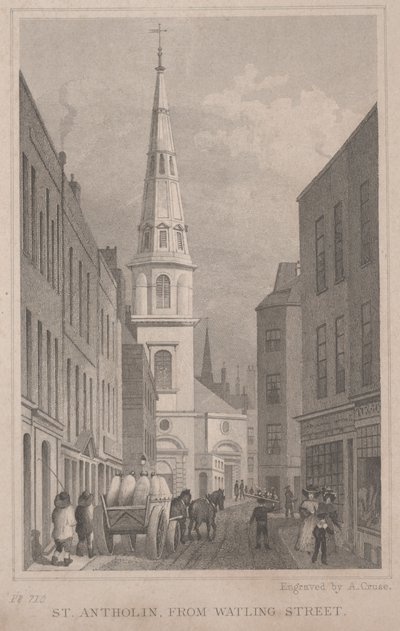 St. Antholin, fra Watling Street, gravert av A. Cruse, ca. 1830 (gravering) av Thomas Hosmer Shepherd