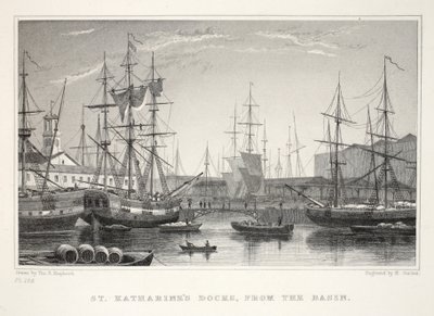 St Katherine Docks, fra bassenget, Tower, fra London og dets omgivelser i puben fra det nittende århundre. Jones und Co., 1827-1829 av Thomas Hosmer Shepherd