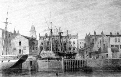 The Gun Dock at Wapping, 1850 (penn, blekk og vask på papir) av Thomas Hosmer Shepherd