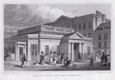 The Hot Baths og New Infirmary, Bath (gravering) av Thomas Hosmer Shepherd