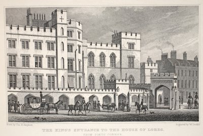 Kongens inngang til House of Lords fra Poets Corner, fra puben 'London and it's Environs in the Nineteenth Century'. Jones und Co., 1827-1829 av Thomas Hosmer Shepherd