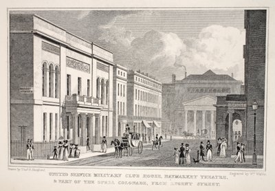 United Service Military Club House, Haymarket Theatre og en del av Opera Colonnade fra Regent Street, fra puben 