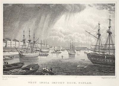 West India Docks, Isle of Dogs, fra London og dets omgivelser i puben fra det nittende århundre. Jones und Co., 1827-1829 av Thomas Hosmer Shepherd