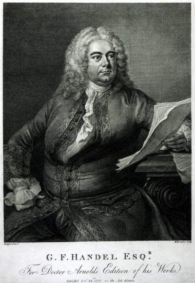 George Frederick Handel (1685-1759), gravert av William Bromley (1769-1842), for doktor Arnolds utgave av hans (Handels) verk, pub. 1789 av Thomas Hudson