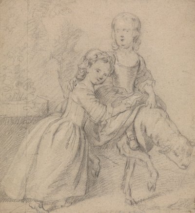To jenter i et landskap, en som rir på et lam av Thomas Hudson