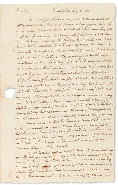 Autografbrev til John Page, Philadelphia, 30. juli 1776 av Thomas Jefferson