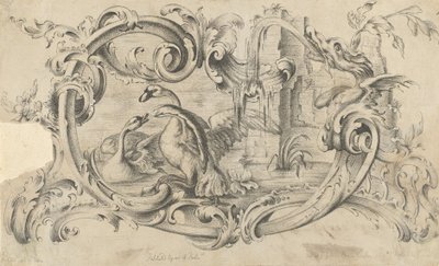 Design for et nettbrett for et skorsteinsstykke med to svaner i kamp, innelukket i en rulle..., 1762. av Thomas Johnson