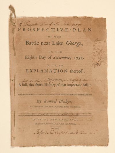 En projeksjonsplan for slaget utkjempet nær Lake George. Tekst (del B) av Samuel Blodgett av Thomas Johnston
