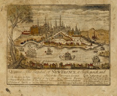 Quebec, hovedstaden i New France, en biskopsrick og sete for Soverain-domstolen, 1759 (håndfarget gravering) av Thomas Johnston