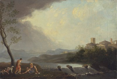 Et imaginært italiensk landskap med klassiske figurer og en foss av Thomas Jones