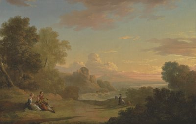 Et imaginært landskap med en reisende og figurer med utsikt over Baiae-bukten av Thomas Jones