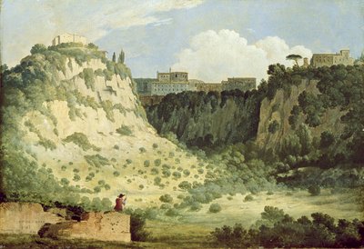 Utsikt over Diana-tempelet, Nemi, med en hyrde i forgrunnen, 1785 av Thomas Jones