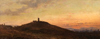 Vindmølle ved solnedgang (olje om bord) av Thomas Jr. Whittle
