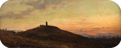 Vindmølle ved solnedgang (olje om bord) av Thomas Jr. Whittle