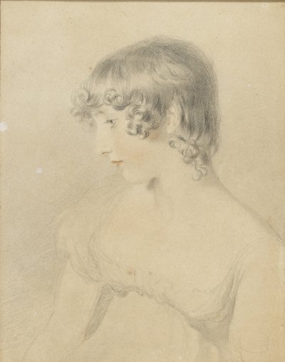 Bysteportrett av Susan Bloxam, snudd i profilen til venstre, 1818 (svart kritt, berørt med rødt kritt, lett stumpet på hvitt kort misfarget brunt) av Thomas Lawrence