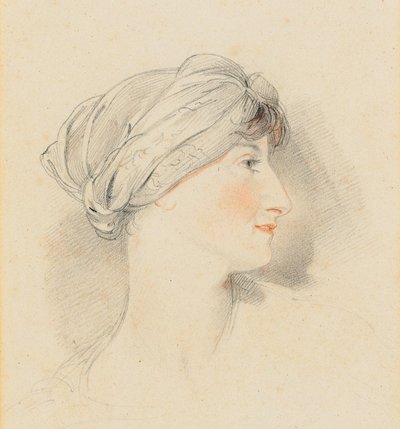Portretthode av fru Jens Wolff, i profil til høyre, iført en turban (blyant, svart og rødt kritt) av Thomas Lawrence