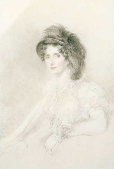 Portrett av Elizabeth, hertuginne av Devonshire (1758-1824), sittende, halvlang, iført en stor fjærkledd hatt (blyant, svart og rødt kritt på papir) av Thomas Lawrence