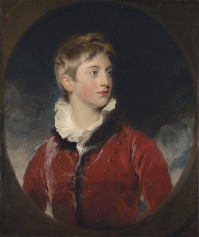 Portrett av Frederick William Stewart, 4. Marquess of Londonderry, K.P., M.P. (1805-1872) da en gutt, halvlang, i rød frakk, i en falsk oval (olje på lerret) av Thomas Lawrence