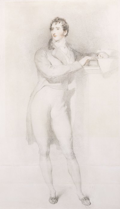 Portrett av Sir Francis Burdett, Bart, liten i full lengde, stående ved en peishylle, ca. 1796 av Thomas Lawrence