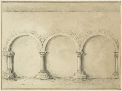 Buer og søyler i Mereweathers lokaler mellom Nicholas Street og Corn Street (blyant og akvarell på papir) av Thomas Leeson the Elder Rowbotham