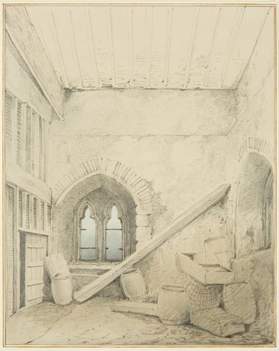 Buer, søyler og vinduer i Mereweathers lokaler mellom Nicholas Street og Corn Street (blyant og akvarell på papir) av Thomas Leeson the Elder Rowbotham