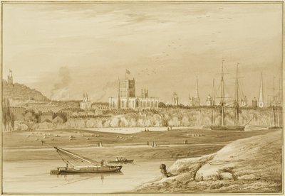 Bristol fra Coronation Road med Cumberland Road, New Cut og utsikt over kirkene i Bristol av Thomas Leeson the Elder Rowbotham