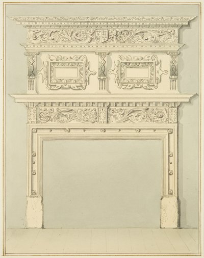 Chimneypiece in Lower Room, 9 Small Street (blyant og akvarell på papir) av Thomas Leeson the Elder Rowbotham